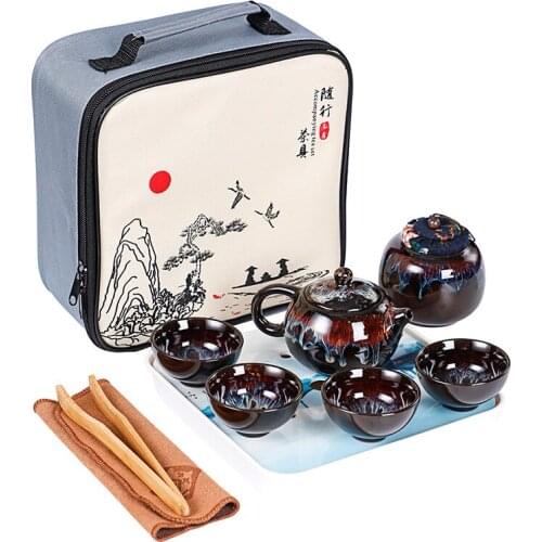 Kiln Change Sand Gold Portable Travel Tea Set Kung Fu Tea Set Kuai Ke Cup a Pot of Four Cups Tea Cup Tea Caddy Teaware