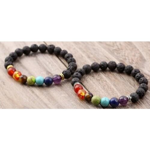 Adjustable Chakra Black Lava Healing Balance Reiki Buddha Prayer Yoga Bracelet Onyx Matte Volcanic Stone n53423