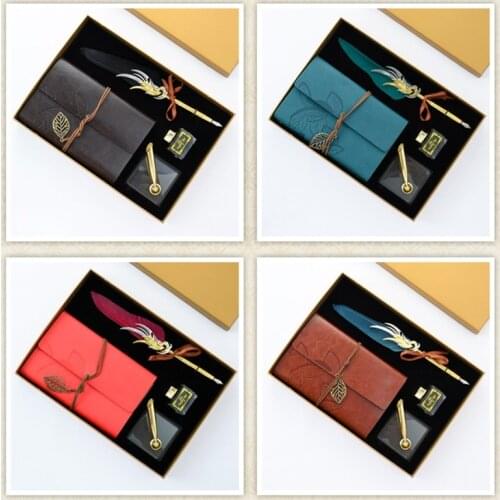 Retro Calligraphy Feather Dip Fountain Pen Writing Ink Notebook Stationery Box