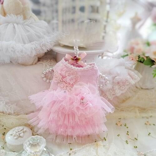 Handmade Luxury Dog Clothes Pet Apparel Classic Pink Lace Soft Yarn Flowers Dress Cake Skirt Sweet Cute Fashion Poodle Maltese