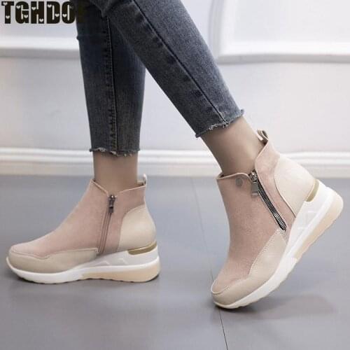Shoes Womens PU Fashion High-top Flannel Casual Shoes Womens All-match Flat-bottom Zipper Walking Ladies Breathable Flat Shoes