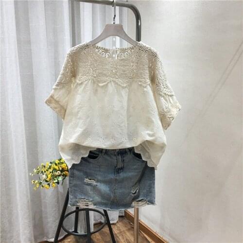Cotton Linen Lace Hollow Out Women T-Shirts Summer Vintage 2021 O-Neck Patchwork Solid Loose Casual Female Pulls Tops Tees