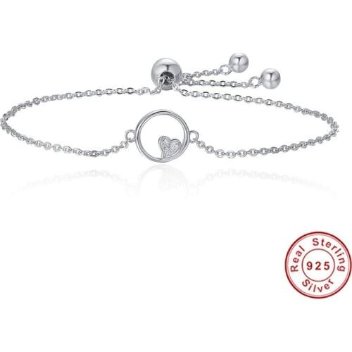 Genuine 925 Sterling Silver Sweetheart Heart In Circle Chain Bracelets For Women Luxury Authentic 925 Silver Jewelry