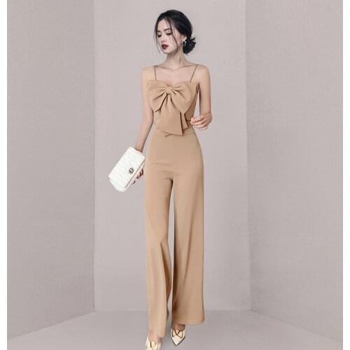 2021 New Summer Fashion Women Two Piece Sets Sexy Spaghetti Strap Short Bow Top +High Waist Straight-Leg Wide Legs Pants Suit