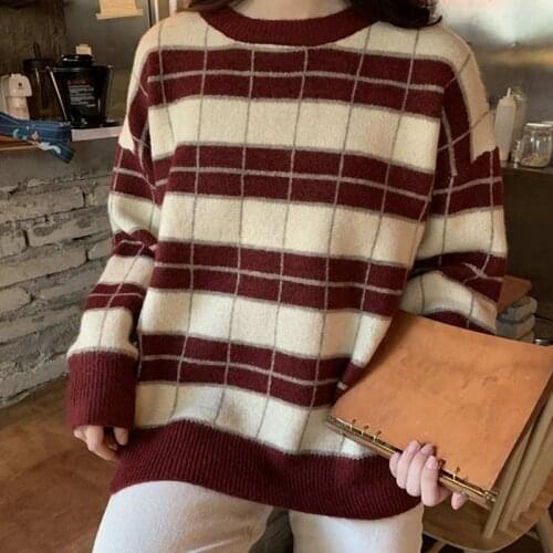 Women Knitted Sweater Oversized Pullovers Ladies Striped Plaid Sweater Crew Neck Long Sleeve Top Casual Autumn Warm Loose Jumper