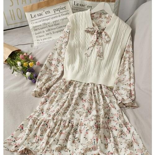 2 Piece Vest + Flora Chiffon Dress Women Long Sleeve Casual Shirt Dress Korean Fashion Elegant Dresses Vestido De Mujer 2021