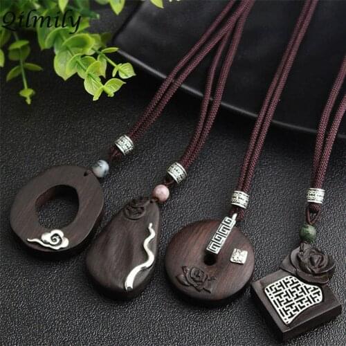 Handmade Vintage Ethnic Irregular Sandalwood Pendant Necklaces for Women Inlaid Pearl Alloy Lotus Sweater Chain Gift Hot