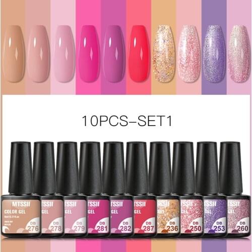 Mtssii 10/8/6Pcs Kit Gel Nail Polish Set Colors Glitter Semi Permanent Soak Off UV LED Gel Varnish Base Top Coat Nail Art Gel
