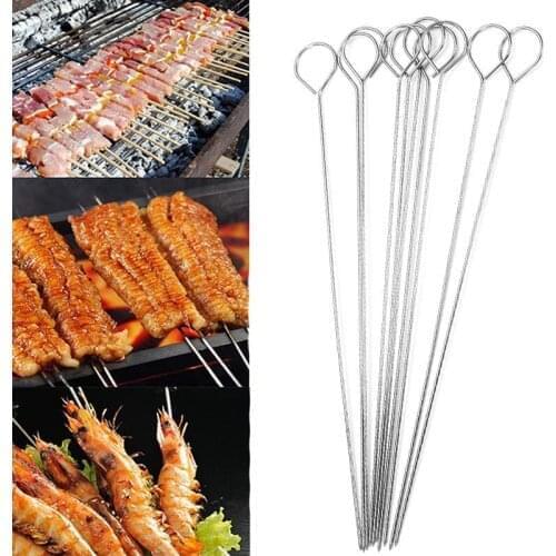 10 Pcs Stainless Steel Barbecue Skewers Grill BBQ Meat Brochette Kebab Skewers Roasting Needles Tool