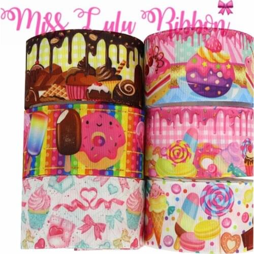 16mm-75mm Cupcake Doughnut Chocolate Printed Grosgrain/Foe Ribbon Summer Ice Cream DIY Hair Bowknots 50yards/roll