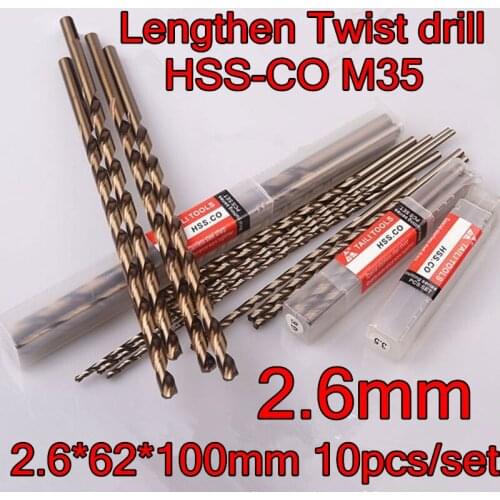 2.6*62*100mm 10pcs/set HSS CO5% M35 Containing cobalt longer twist drill Processing stainless steel and steel