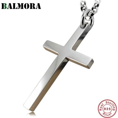 BALMORA Real 925 Sterling Silver Simple Classic Jesus Cross Pendant for Necklaces Women Men Christian Gift Punk Fashion Jewelry