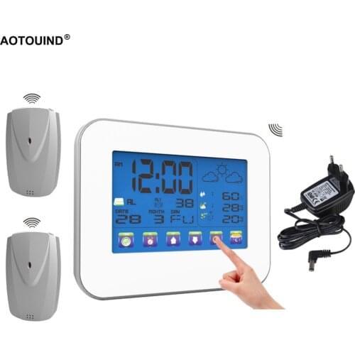 AOTOUIND Touch Screen Wireless Weather Station Clock with Indoor Outdoor Temperature Humidity Monitor #T01+Adapter+2 Sensors