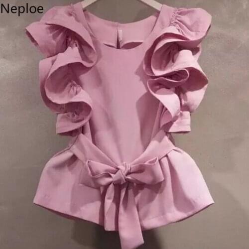 Neploe Sleeveless Ruffles Blouse Korean Sashes Waist-controlled Shirt 2021 Summer Sweet O-neck Solid Color Blusas Tops 43193