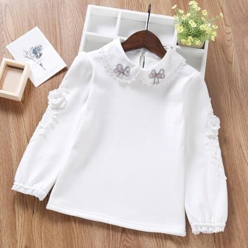 Autumn Baby Toddler Clothes School Girls Blouse Flower Lace Embroidery Bow Long Sleeve Turn-down Collar Girl Shirt Kids Tops