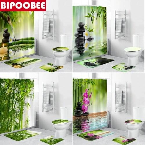 Black Zen Stone Shower Curtain Bamboo Forest Lake Green Plant Toilet Lid Cover Bath Mat Set Bathroom Curtains Bathtubs Decor