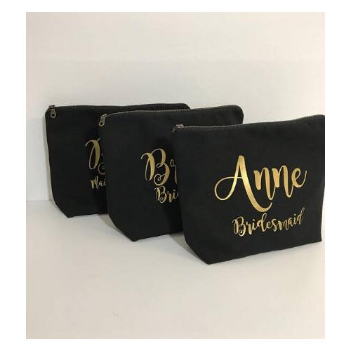 Black custom set of 7 Name Pouch bridesmaid wedding Gift Make Up Cosmetic Bags Unique Gift for Bridal Party Bags