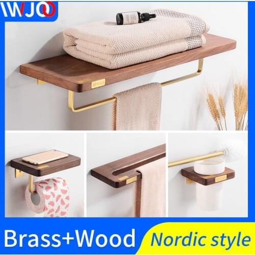 Bathroom Towel Holder Brass Wood Towel Rack Hanging Holder Wall Mounted Bathroom Shelves Shower Storage Rack Toilet Paper Holder