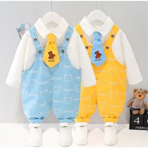 0-4 years old childrens clothing autumn new baby tie Cartoon Bear suit boys and girls long sleeved shirt strap pants two-piece