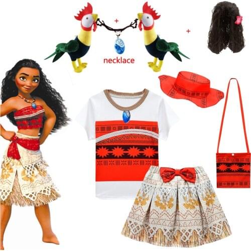 Kids Girls Clothes Cosplay Princess Dress Moana Children Vaiana Girls Party Costume Dresses with Necklace Pet Pig Chick Girl Set