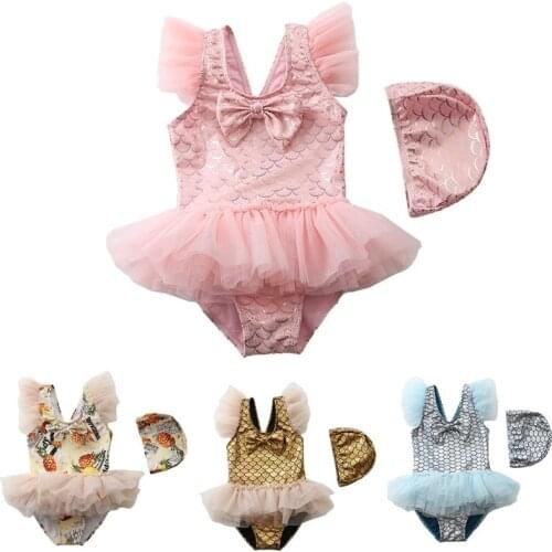 Childrens Swimsuit Girls One-piece Swimwear Set Sequin Print Tutu Skirt Baby Beach Swim Wear Ballet Costumes for Kids Bathing