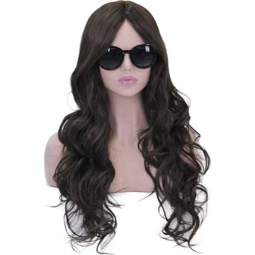 BESTUNG Long Curly Wavy Wigs for Women Ladies Synthetic Full Hair Natural Black Brunette Wig with Middle Parting Bangs