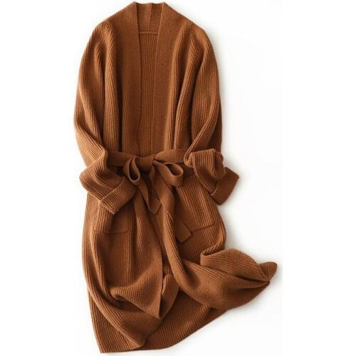 SHUCHAN Long Thick Cardigan Sweater Warm 30% Cashmere+70% Wool Pockets Lace Up Solid Knitted Winter Women Clothing