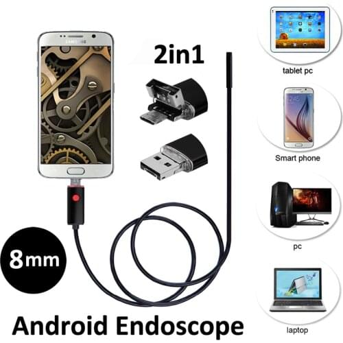 2 in 1 Endoscope 8mm Waterproof Pipe Inspection Camera 720P HD Borescope Video Cam Adjustable Night Vision With 8 LED Light