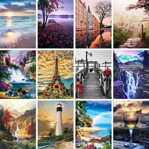 PhotoCustom Full Square&Round Diamond Painting Landscape Seaside 5D Diamond Embroidery Mosaic Cross Stitch Winter Home Decor Gif