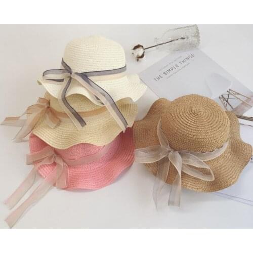 Summer Fashion Kids Straw Hat Lace Ribbon Bow Sun Beach Cap Children Girls Casual Straw Flat Top Panama Hat