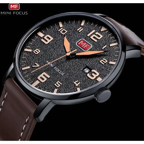 MINI FOCUS Sport Casual Quartz Watch Men Brown Leather Strap Arabic Number Calendar Waterproof Mens Watches Top Brand Luxury