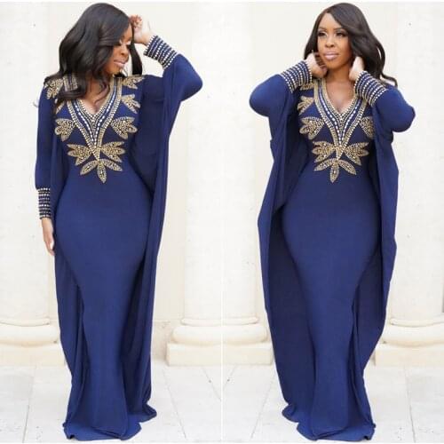 Muslim Evening Dresses V-Neck Beaded Navy Blue Elastic Long Sleeves Mermaid Prom Gown Dubai Kaftan Arabic Party Dresses 2020