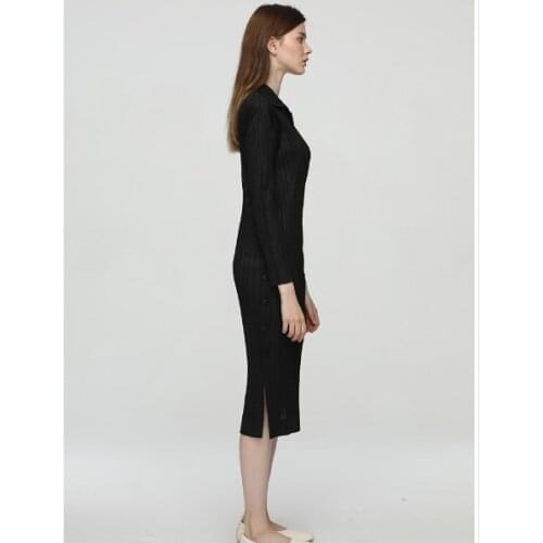 HOT SELLING Miyake fold Side Button turn-down collar long sleeve Straight dress IN STOCK