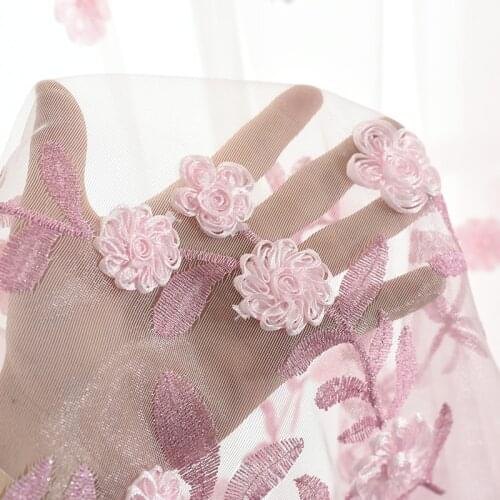 Pink 3D Rose Embossed Jacquard Curtain Ribbon Flower Embroidery Tulle Curtain For Modern Living Room Window Decorative Drapes #4