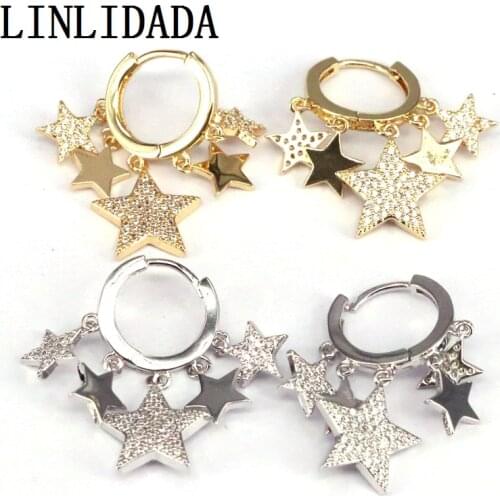 5Pairs Gold silver Color cute cz star Dangle Earring with Shiny clear cz multi star charm For Women luxury party earring Jewelr