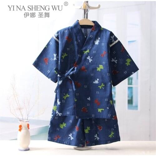 Japanese Style Traditional Clothing for Kid Boy Asian Infant Yukata Insect Printing Kimono Soft Short Pants Set Children Pajamas