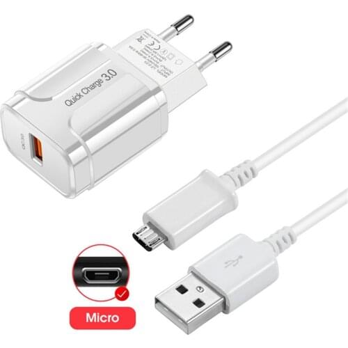 18W USB Charger Quick Charge 3.0 USB Adapter For Samsung Galaxy A10 A6 J6 S4 S7 J3 J5 J7 2016 Phone Charger Micro USB Data Cable