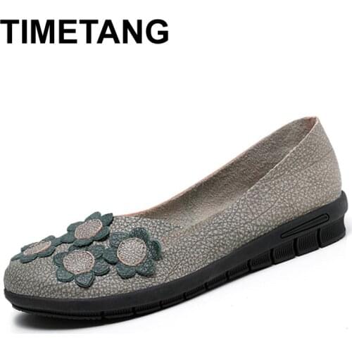 TIMETANG Autumn New Arrival Genuine Leathe Flats Round Toe Flowers Decoration Rubber Sole 2 Color Y1601