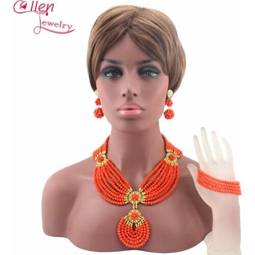 Orange /Lake Blue African Beads Jewelry Set for Nigerian wedding bridal dubai Crystal Beads women statement Necklace Set W13468