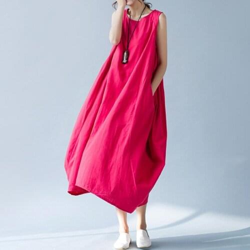 Chinese Style Cotton Linen Women Dress 2022 Summer New Sleeveless O Neck Loose Irregular Casual Beach AD413