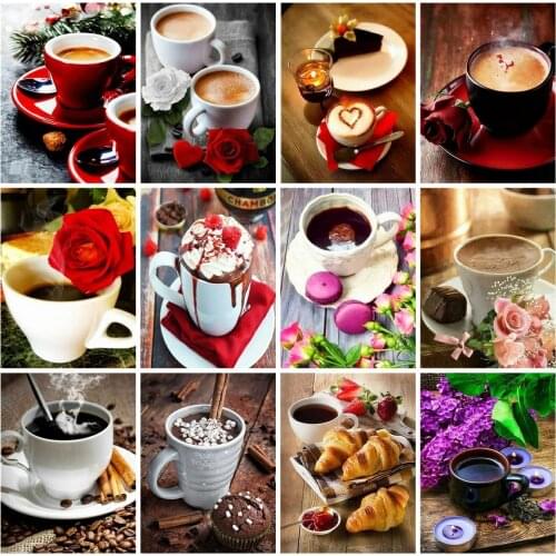 5D Diamond Embroidery Coffee Picture Mosaic Full Round Diamond Painting Landscape Cross Stitch Kitchen Decoration