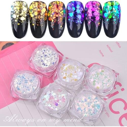 6Pcs/Set Aurora Unicorn Nail Art Glitter Mixed Hexagon Nail Sequins Mermaid Mix Nail Flakes Holo Manicure 3D Nail Supplies Decal