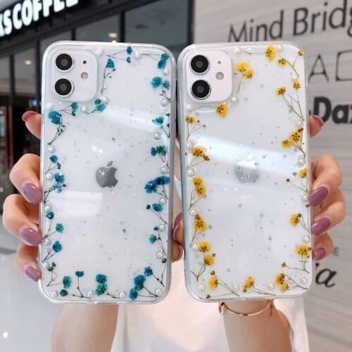 Tfshining Real Dry Flower Phone Case For iPhone 12 11 Pro Max XR X XS Max 7 8 Plus Epoxy Glitter Pearl Floral Soft Cover Gifts