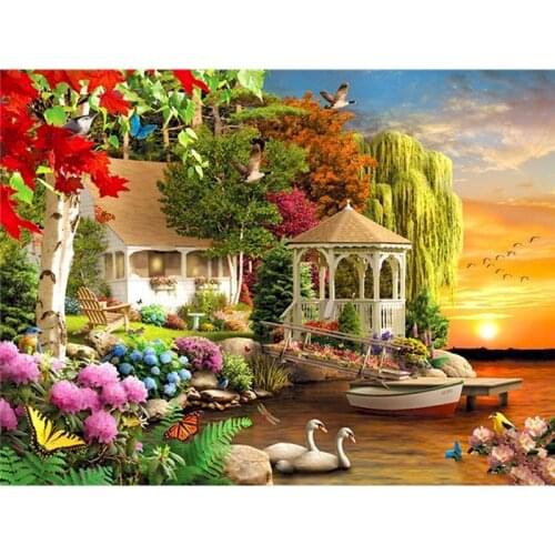 Gatyztory Garden Cottage Diy Painting By Numbers Landscape Handpainted Artwork Wall Decor Canvas Colouring