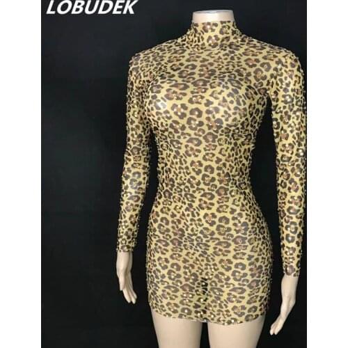 Leopard Short Dress Rhinestones Dance Costume Women Singer Performance Stage Wear Long Sleeve Mesh Elastic Transparent Costume
