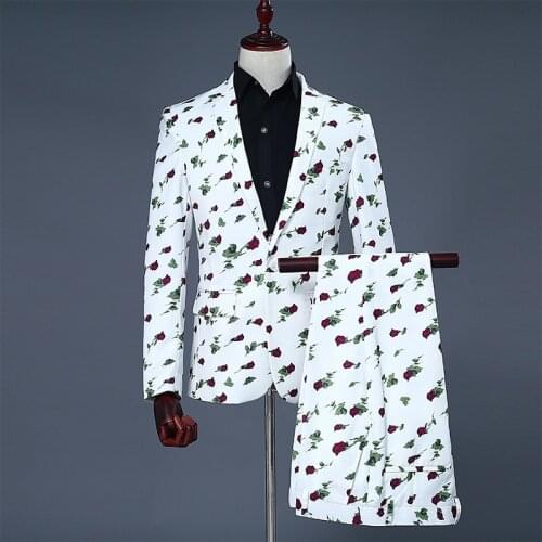 Mens Printed Casual Groom Dress Suit Mens Stage Blazer White Two Piece Set Coat Pants Casual Mens Suits Regular Mens Clothing