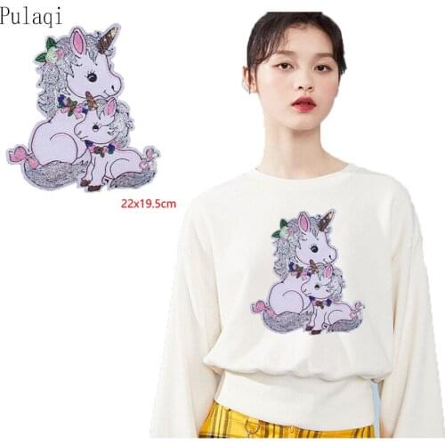 Pulaqi Sequin Cartoon Unicorn Patches Sticker On Clothes DIY Iron On Embroidered Patches For Clothing T Shirt Applique Sticker