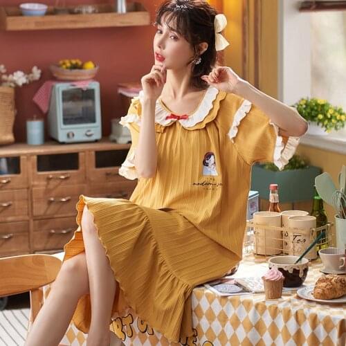 Summer Cute Night Dress Women Plus Size Nightgowns Cartoon Print Sleepshirts Short-Sleeves Nightie Nightdress Cotton Sleepwear