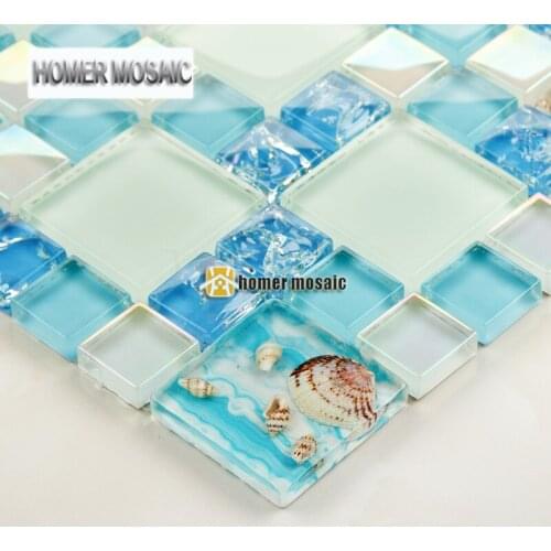 NEW! blue color crystal glass mixed sea shell mosaic HMGM2082 for kitchen backsplash tile bathroom shower hallway wall mosaic