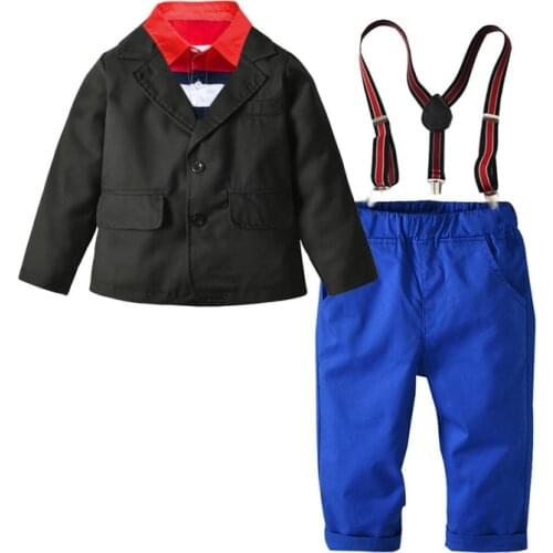 New Kids Boys Suits Blazers Fashion Spring Set for Boys Children Formal Wedding Birthday Party Jackets Blouse Overalls Tie 4pcs